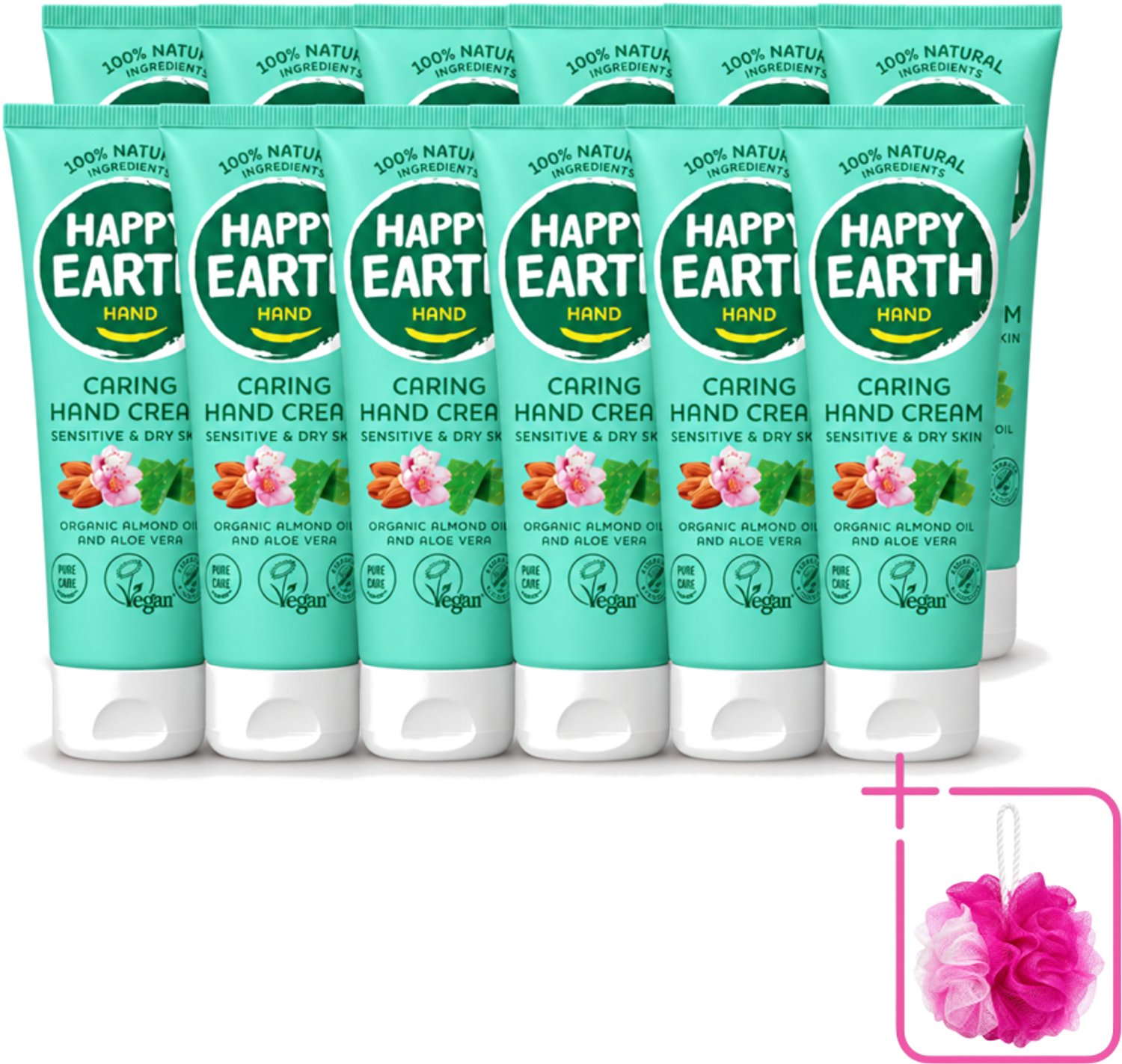 12 x Happy Earth – Handcrème – 100% Natuurlijk – 75 ml - Bulkverpakking - Natuurlijke handcrème - Douchemop - Vegan handcrème