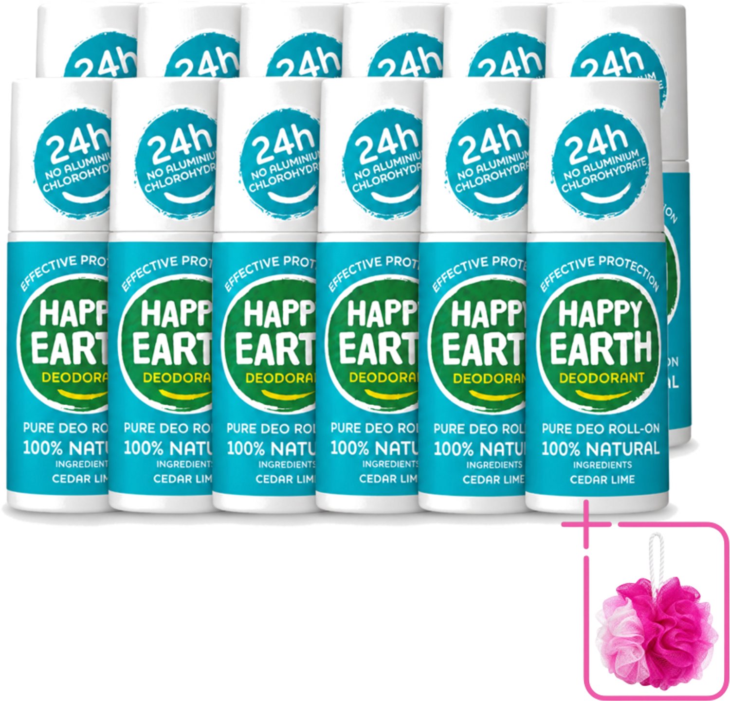 12 x Happy Earth – Deodorant Roll-On – 100% Natuurlijk Cedar Lime – 75 ml - Bulkverpakking - Deodorant - Douchemop - Natuurlijke deodorant