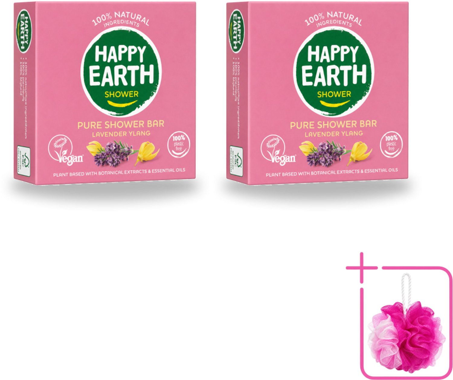 2 x Happy Earth – Shower Bar – 100% Natuurlijk Lavender Ylang – 90 g - Bulkverpakking - Douchegel - Douchemop - Natuurlijke douchegel