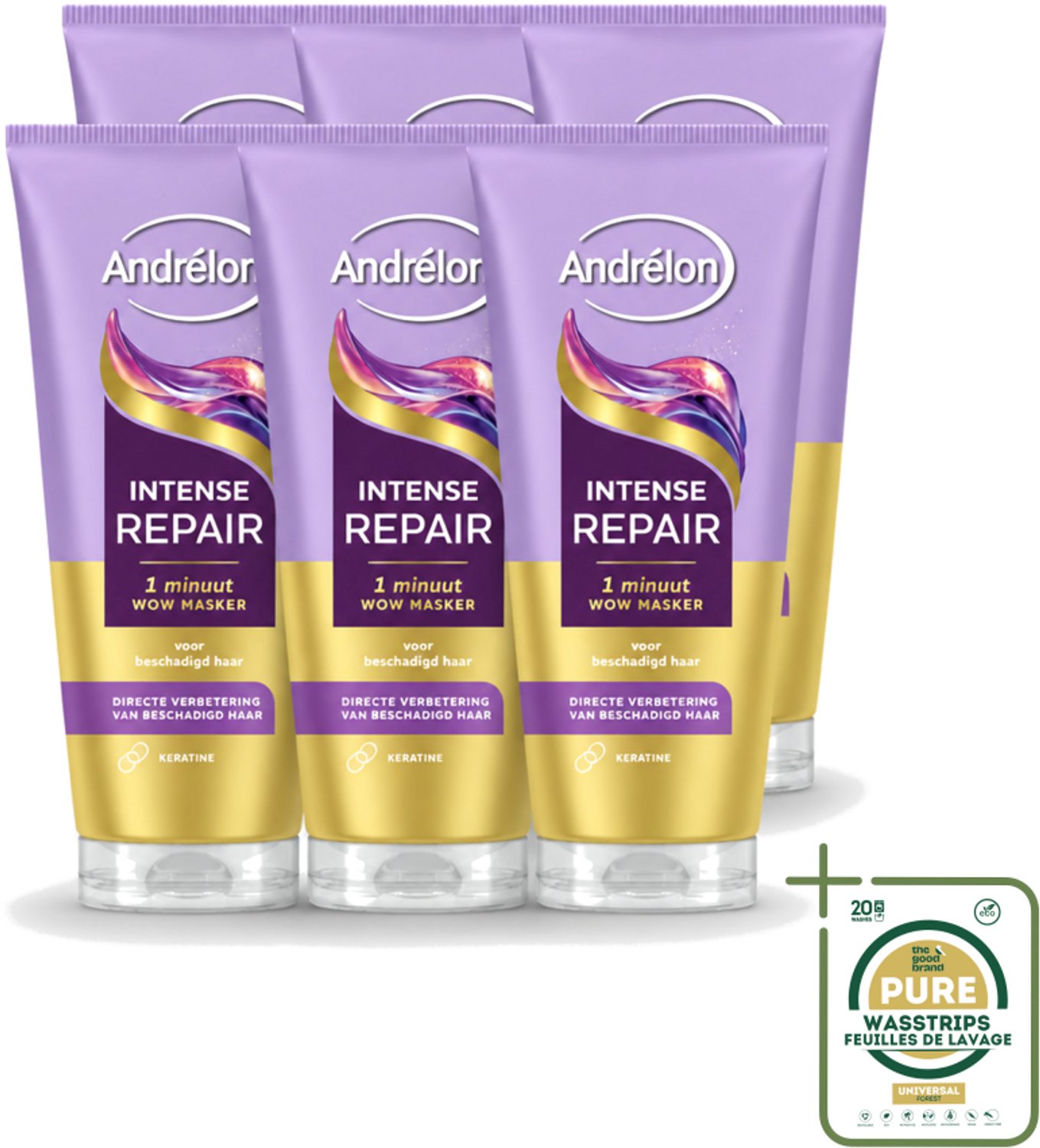 6 x Andrélon – Haarmasker WOW – Intense Repair – 180 ml - Wasstrips - Haarherstel - Haarbeschadiging - Haarverzorging - Haarherstelmasker - Keratine