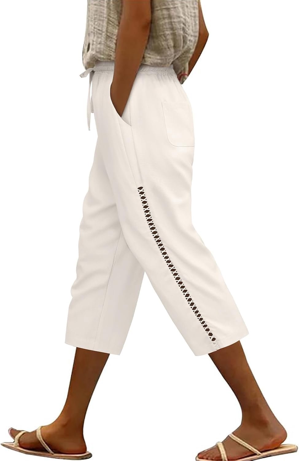 Voqeen Linnen broek voor dames, elastisch trekkoord, elastische taille, damesbroek voor de zomer, met zakken, lichte zomerbroek, casual holle broek, 3/4-broek voor dames