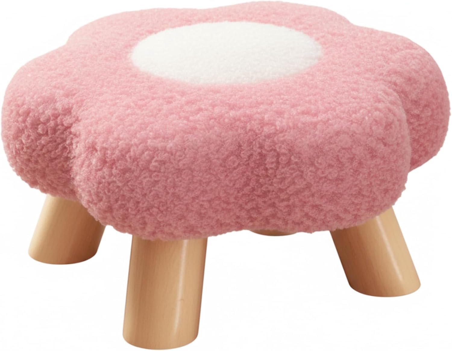 Bloemenkruk, zachte pluizige poef met houten poten, kleine houten kruk voor slaapkamer, entree, woonkamer