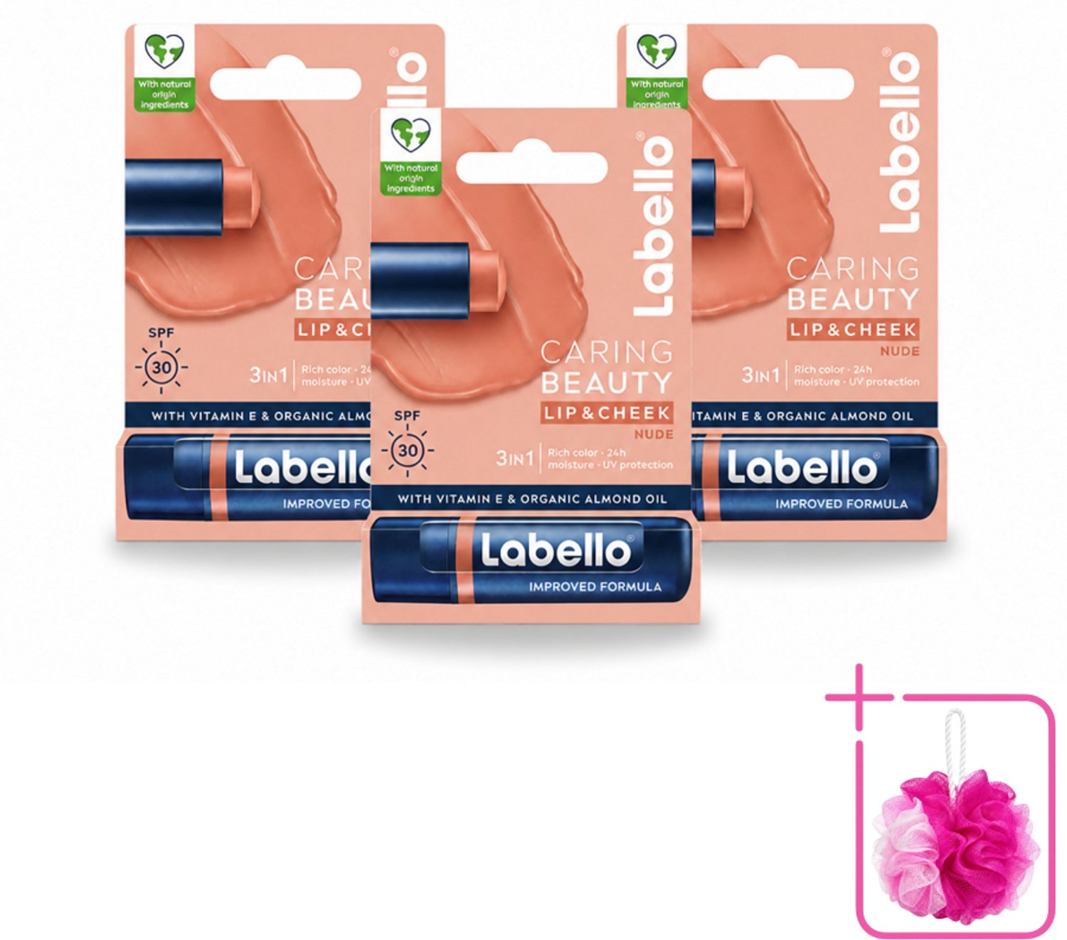 3 x Labello – CLippenbalsem – aring Beauty Nude – 6 ml - Bulkverpakking - Lippenbalsem - Douchemop - Rode lippenbalsem