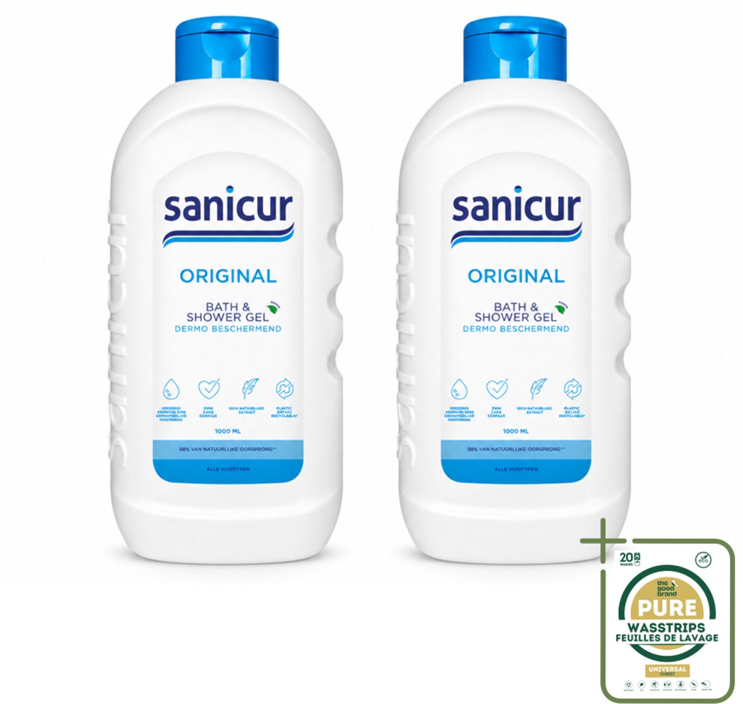 2 x Sanicur – Bad & Douchegel – Original – 1000 ml - Wasstrips - Bad En Douche Gel - Huidverzorging - Vochtregulerend - PH Huidneutraal - Huidbeschermend