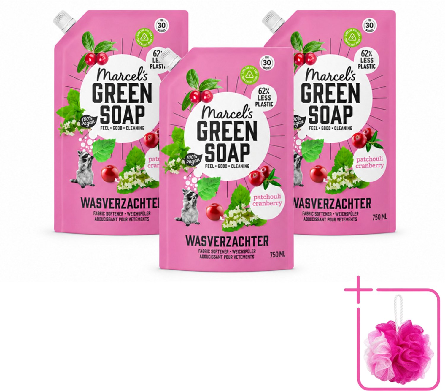 3 x Marcel’s Green Soap – Wasverzachter – Patchouli & Cranberry - Navulling – 750 ml - Bulkverpakking - Wasverzachter - Douchemop - Navulling