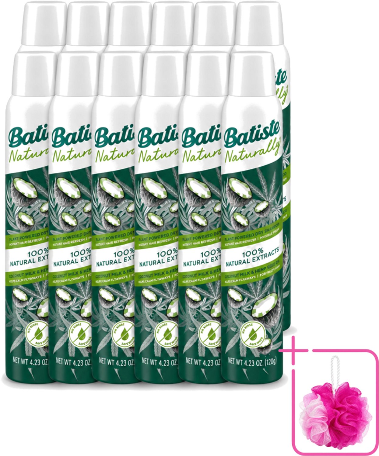 12 x Batiste - Naturally Coconut Milk & Hemp Seed Oil - Droogshampoo - Anti-Pluis en Verfrist - 100% Natuurlijk - 200ml - Bulkverpakking - Natuurlijk haarverzorging - Douchemop - Droogshampoo