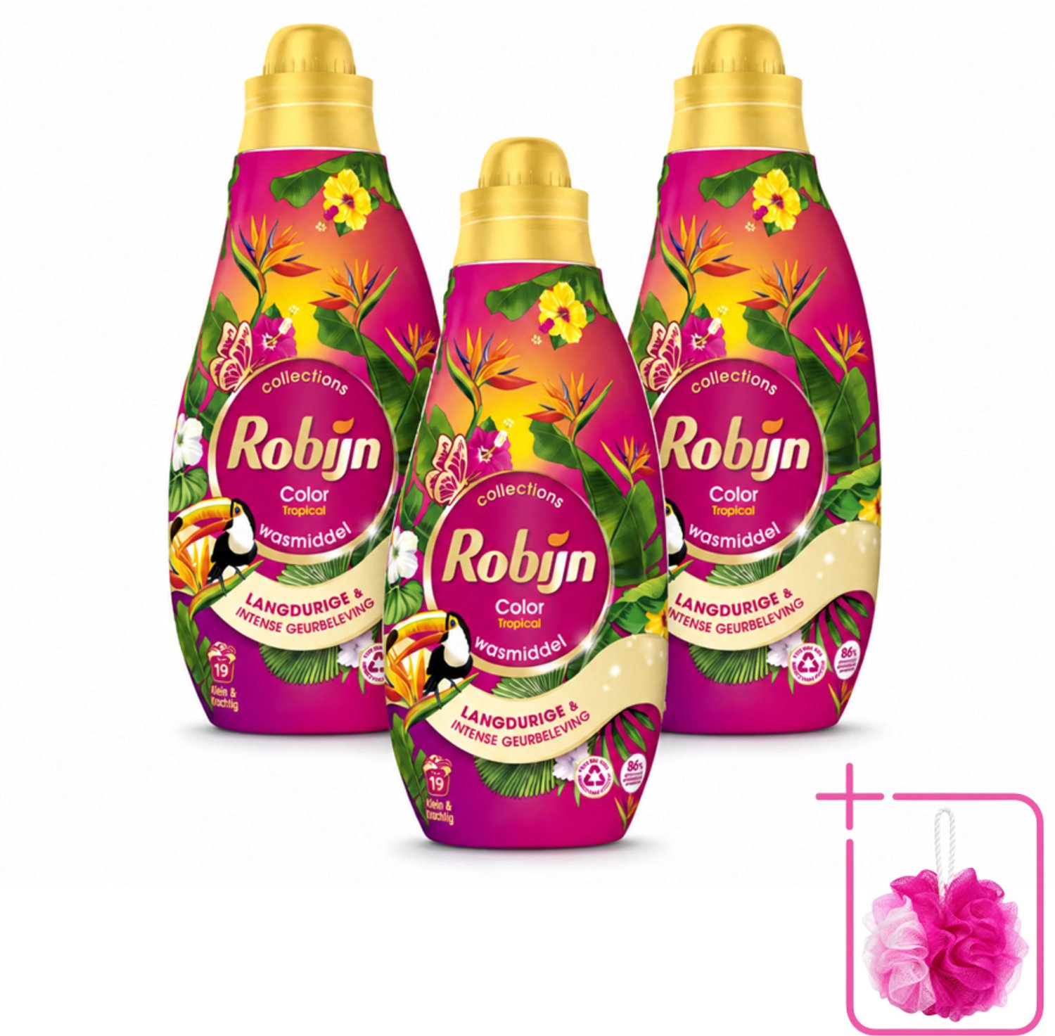 3 x Robijn - Klein & Krachtig Color Tropical - Wasmiddel - 19 Wasbeurten - 665 ml - Bulkverpakking - Kleurbehoud - Douchemop - Wasmiddel