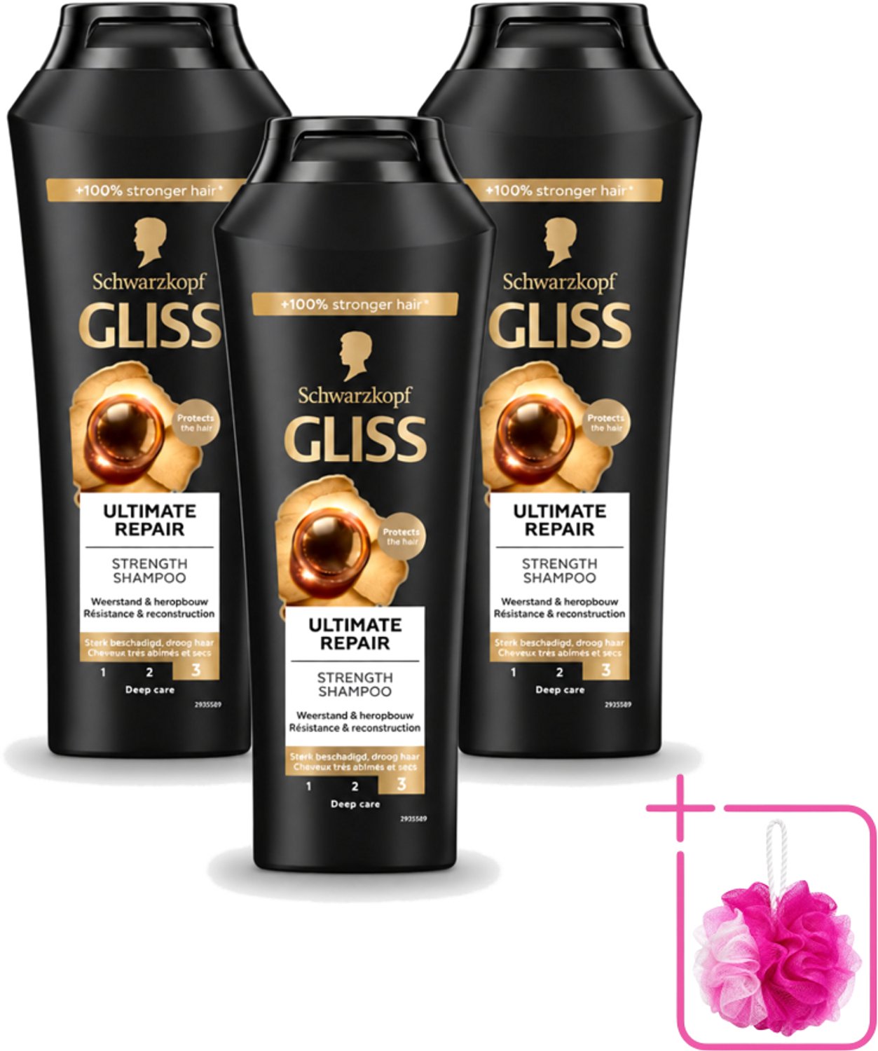 3 x Gliss - Shampoo - Ultimate Repair - Voor Intensief Herstel - 250 ml - Bulkverpakking - Herstel haar - Douchemop - Beschadigd haar