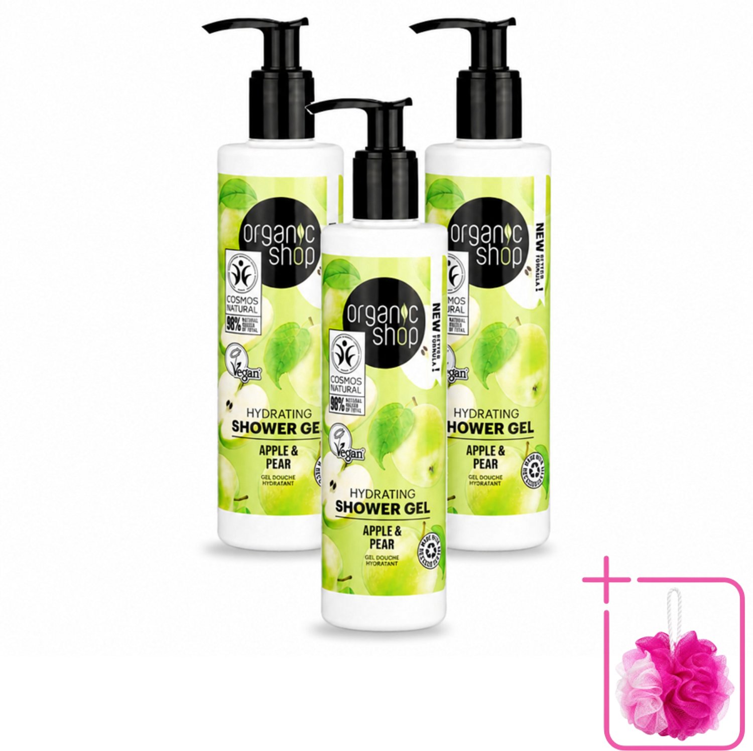 3 x Organic Shop - Douchegel Apple & Pear - Verfrissend en Hydraterend - 280 ml - Bulkverpakking - Douchegel - Douchemop - Natuurlijke douchegel