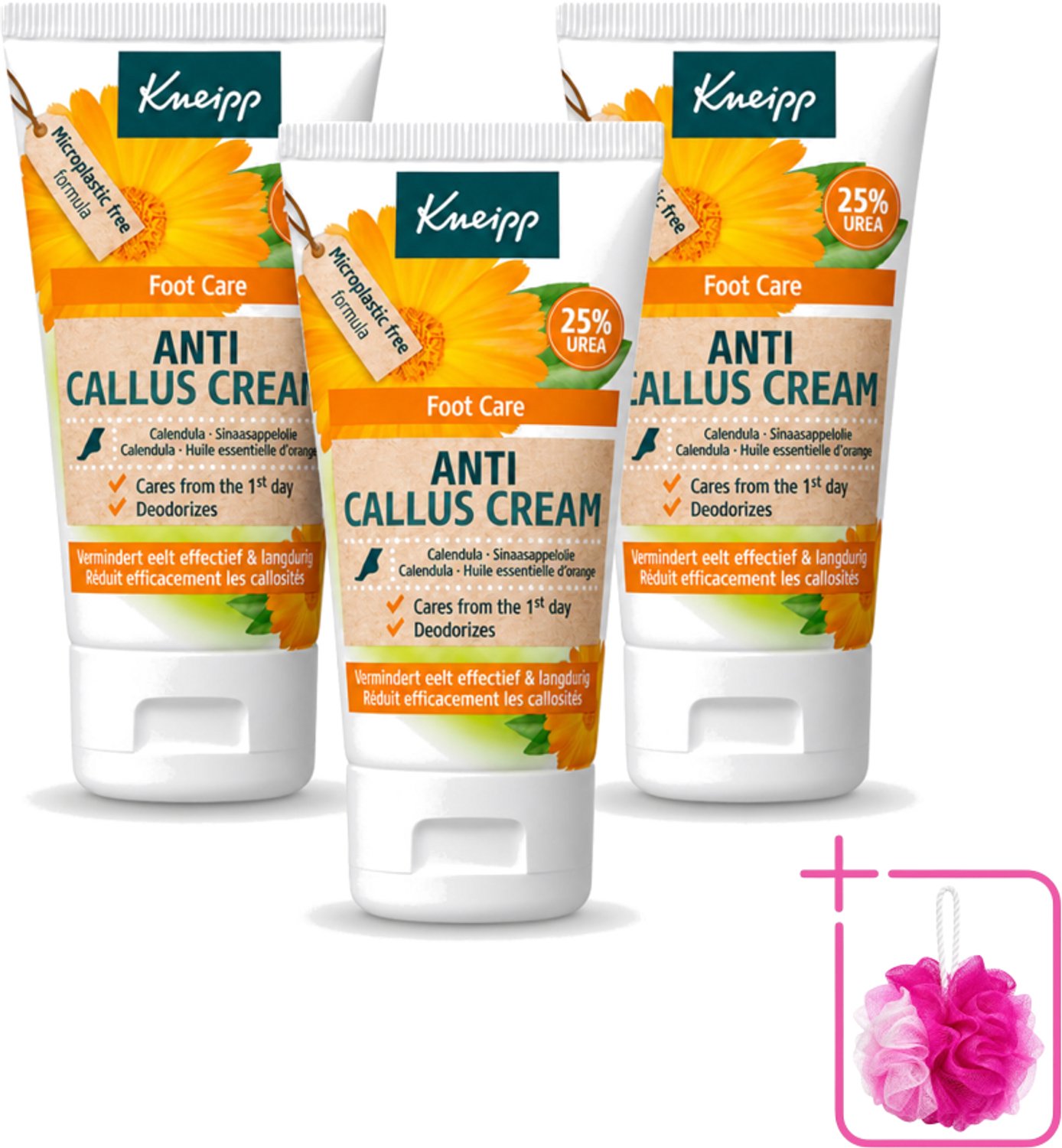 3 x Kneipp - Eeltcrème - Calendula - 25 % ureum - Voor zachte & soepele voeten - 50 ml - Bulkverpakking - Eeltcrème - Douchemop - Voeten verzorgen