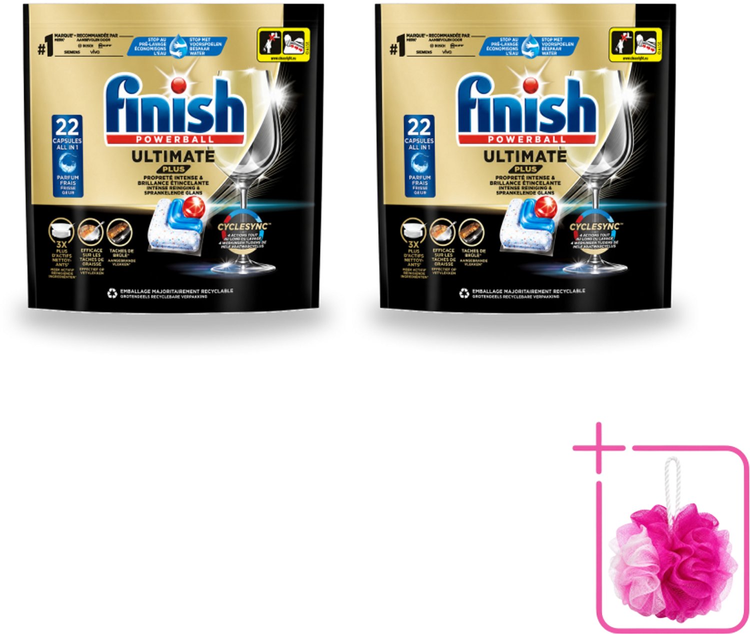 2 x Finish - Vaatwasmiddel - Ultimate Plus Vaatwastabletten Regular - Krachtige Alles-in-1 Reiniging - 22 capsules - Bulkverpakking - Vaatwastabletten - Douchemop - Vaatwasmachine