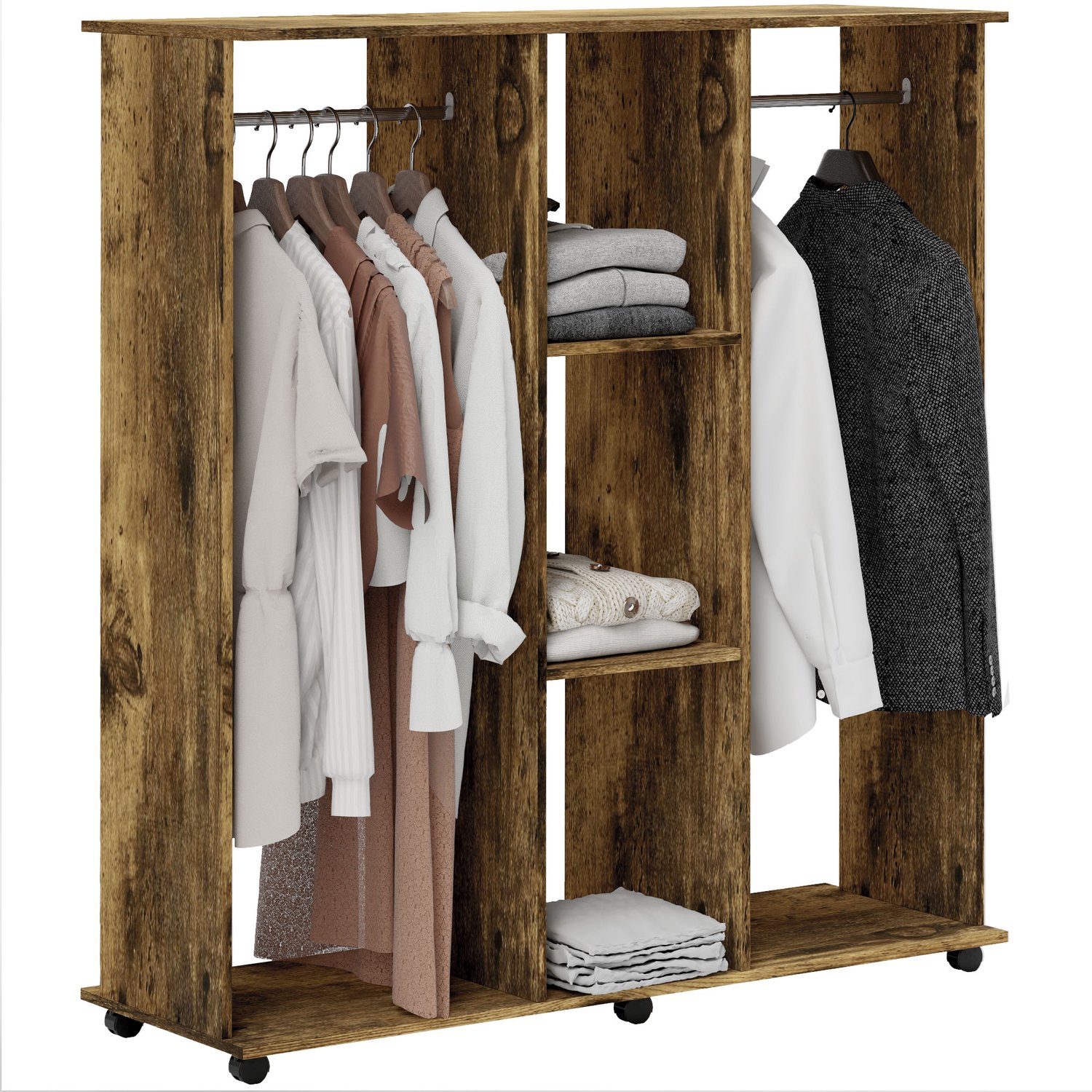 ECTEATOY Kledingkast - Kledingkasten Slaapkamer met 2 kledingroedes - 3 planken en 6 zwenkwielen - 120 x 40 x 128 cm - Bruin