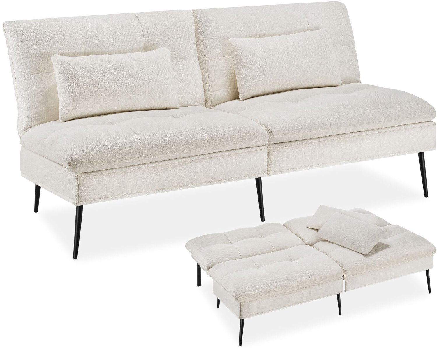 Tectake 3-in-1 Slaapbank - 2 Persoons - 6-voudig Verstelbare Rugleuning - 175 x 66 x 87 cm - Ligbank - Relaxstoel - Logeerbed - Inklapbaar - Opvouwbaar - Dikke Vulling met 2 Extra Kussens - Draagkracht 300 kg - Crème-wit