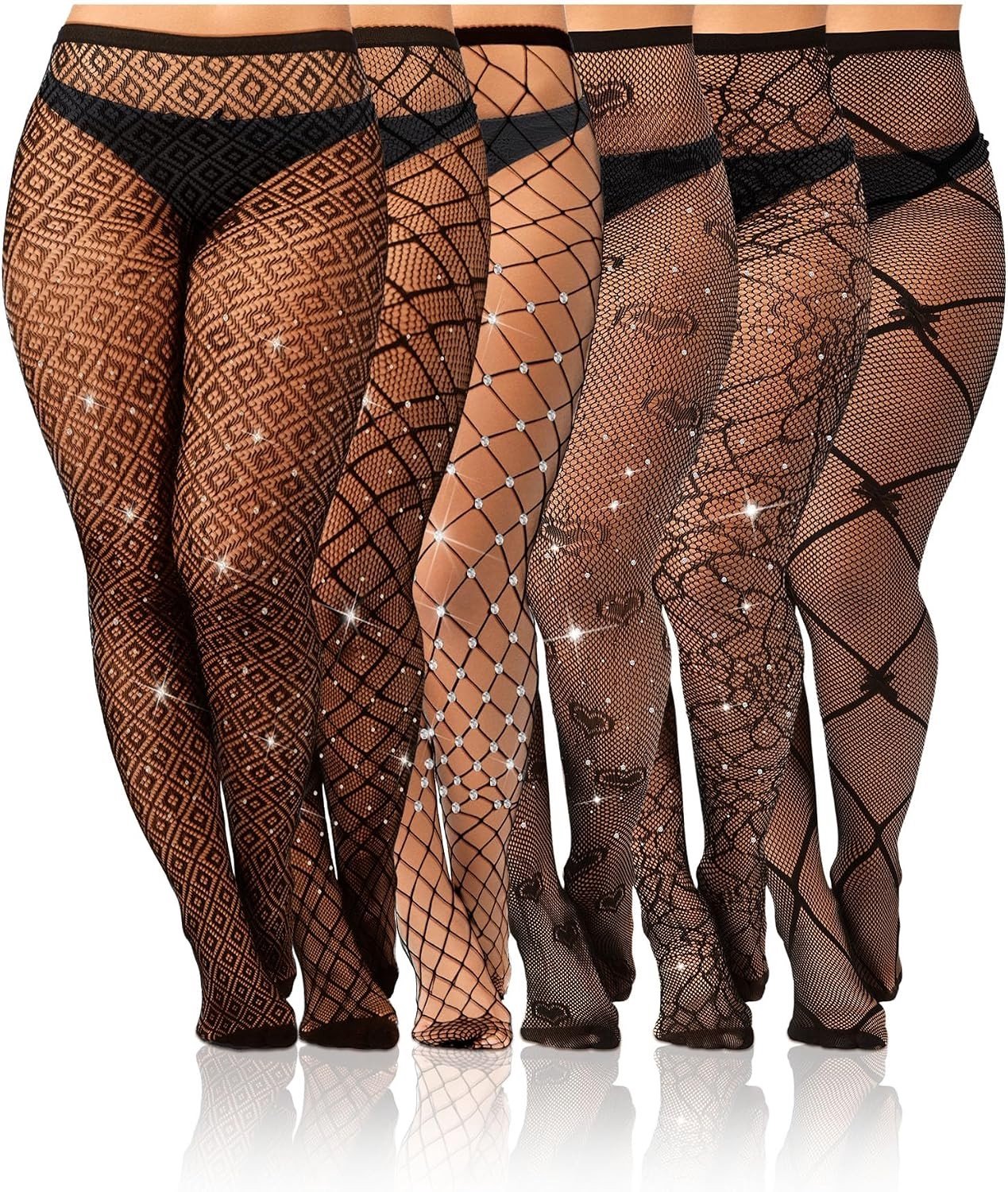 Plus Size Visnet Kousen met Hoge Taille en Strass voor Vrouwen - Zwart, L/XL, Sexy en Comfortabel