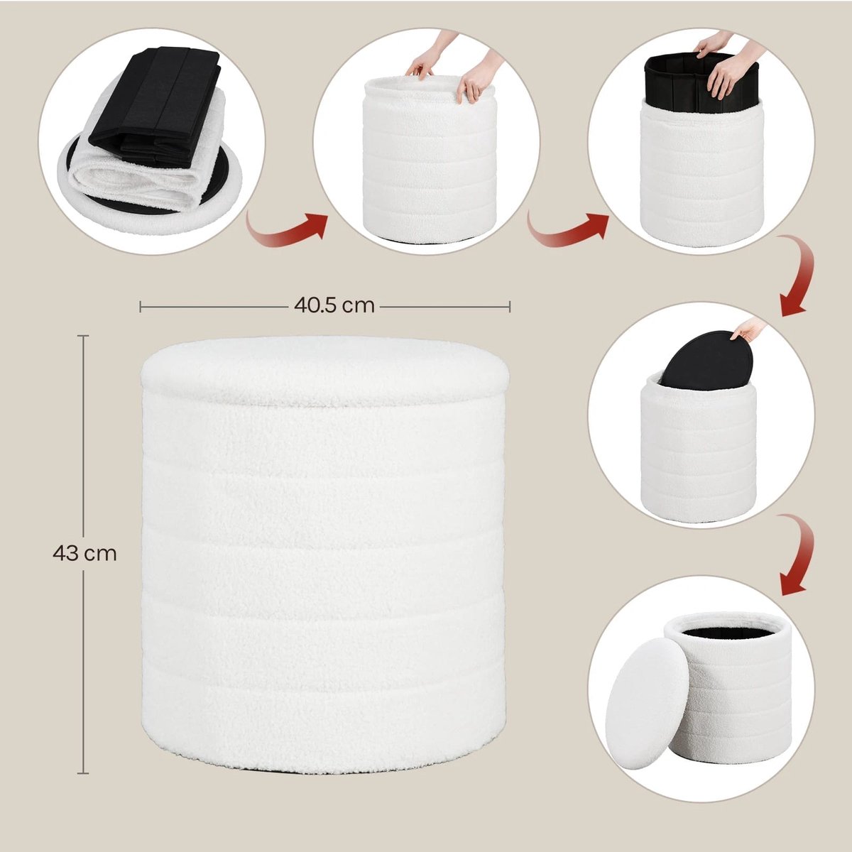 Klarven® Opbergkruk Wit - Opvouwbaar met Teddy Fleece, Verborgen Opslag - Ø40,5 x 43 cm