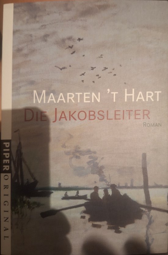 Boek kaft met schilderij van een sloep met drie personen bij zonsondergang, met de titel "MAARTEN 'T HART DIE JAKOBSLEITER ROMAN"
