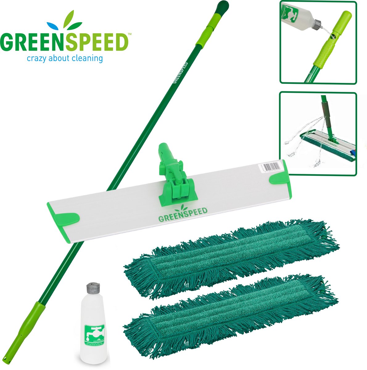 Greenspeed Sprenkler dweilset incl. 2 allround Twistmoppen. Dweilen zonder emmer, zonder uitwringen.