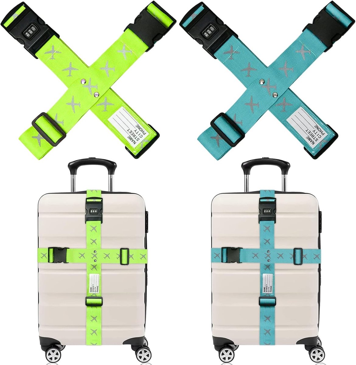 Verstelbare Kofferspanner met Combinatieslot, 4 Stuks, Geschikt voor Koffers van 50-86 cm, Inclusief Naamlabel en Stevige Gesp, Blauw en Lichtgroen