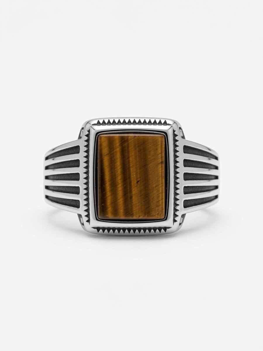 MoMo & More - 19mm - Natuurlijke Gelegde Tijgeroog Steen Zegelring - Unisex - 316L RVS Ring