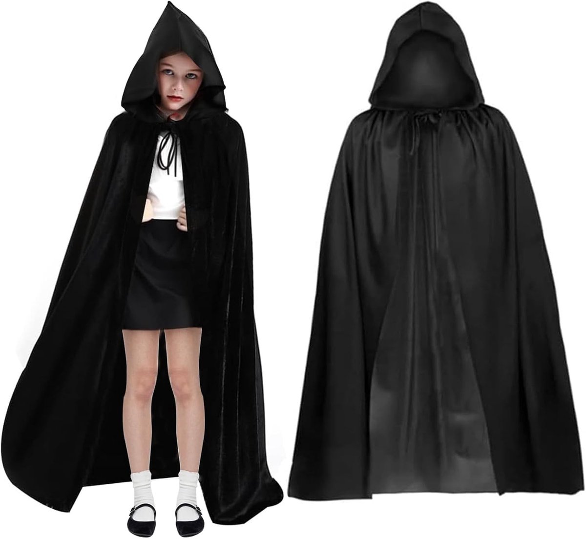 Zwarte Middeleeuwse Vampiercape voor Kinderen en Volwassenen met Kap en Schrikstickers voor Halloween Feesten en Cosplay Accessoires