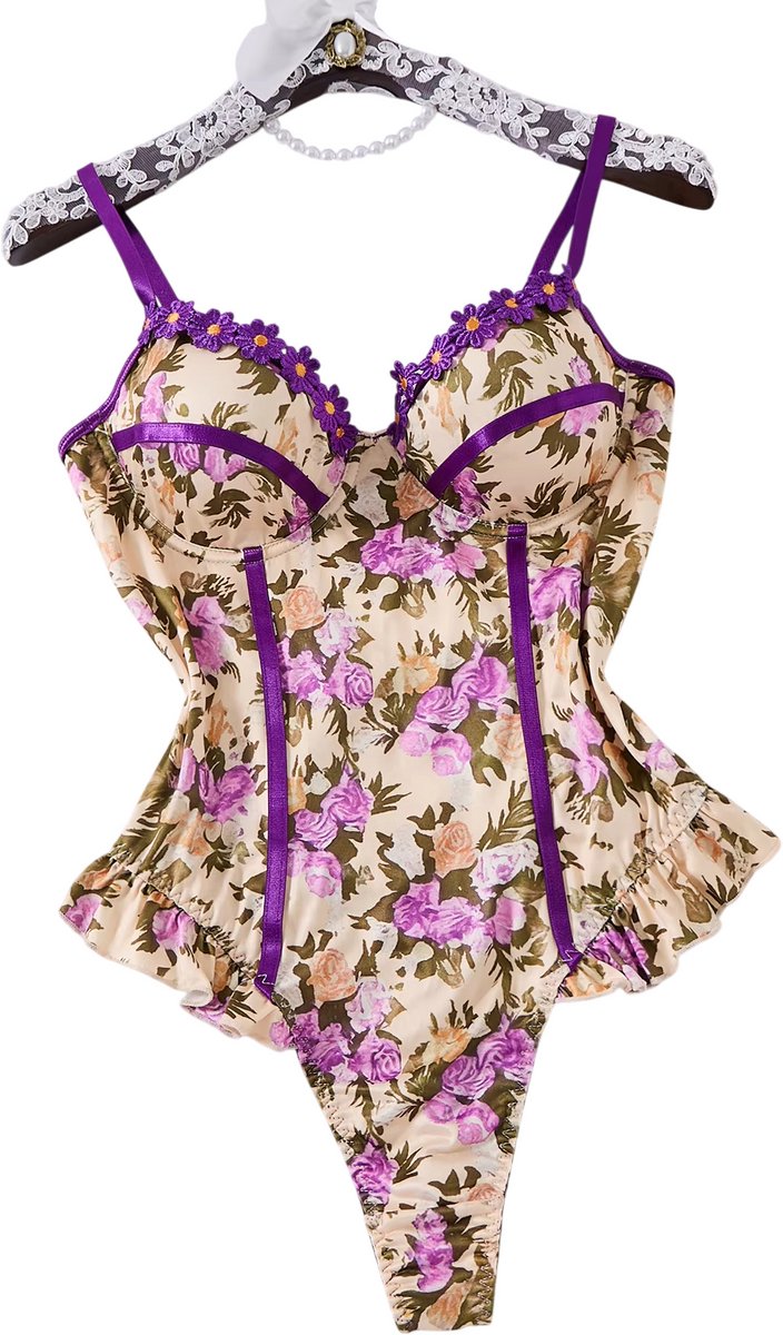 Dames Onesie met Bloemenprint – Zachte en Comfortabele Jumpsuit voor Dames, Meerkleurige Loungewear en Nachtkleding - Paars - Maat XL