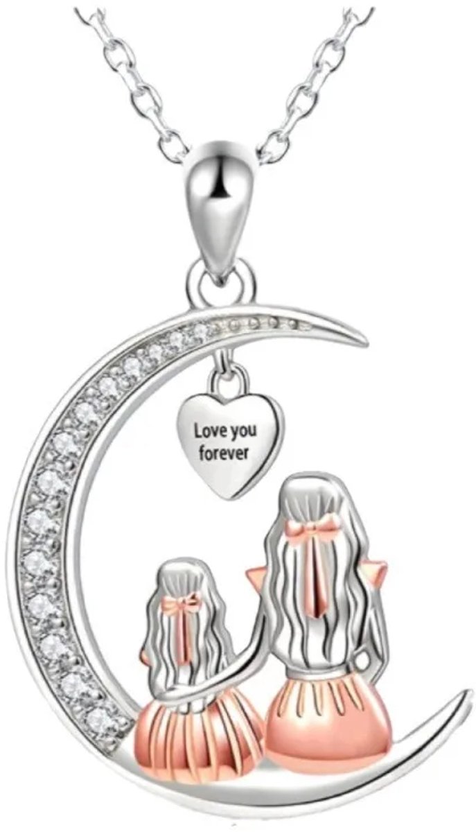 Love You Forever Hart met Maan & Moeder-Dochtermotief – Romantische Decoratie, Betekenisvol Ornament voor Moeder & Dochter, Liefdesdecoratie voor Slaapkamer & Woonkamer, Moederdag Cadeau - Ketting