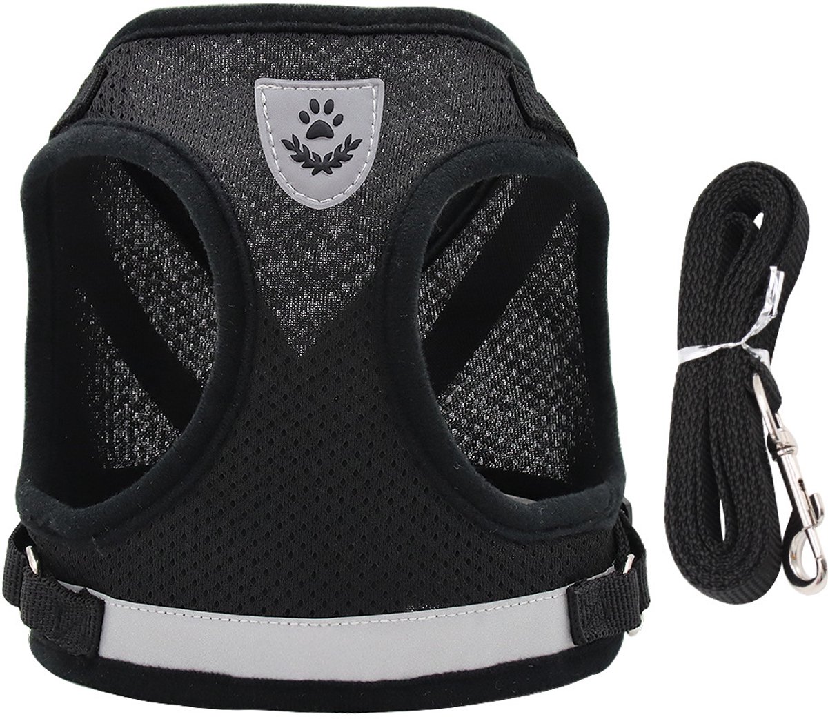 Hondentuigje en riem set, zacht gevoerd tuigje van mesh, Geschikt voor puppy's en katten, reflecterend, verstelbaar en ademend, Geschikt voor wandelingen, hardlopen en training (Zwart, maat M).