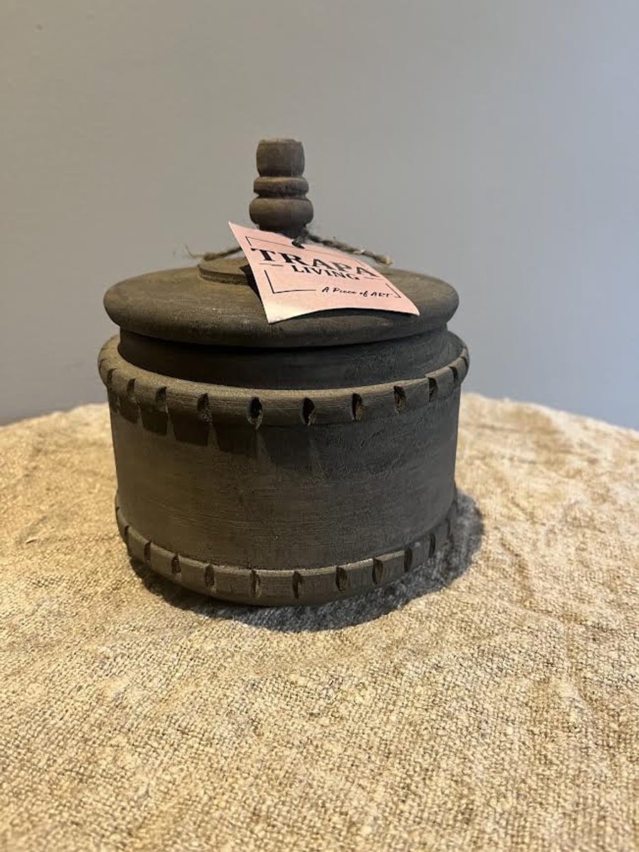 Landelijke Houten voorraad pot met deksel en ribbel L- Stoer sober- woondecoratie