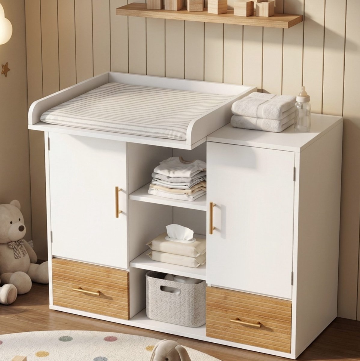 Wikkelcommode – Afneembaar Wikkelrek – 114 x 53 x 92 cm – MDF – Wit met Houtkleur – Laden en Legplanken