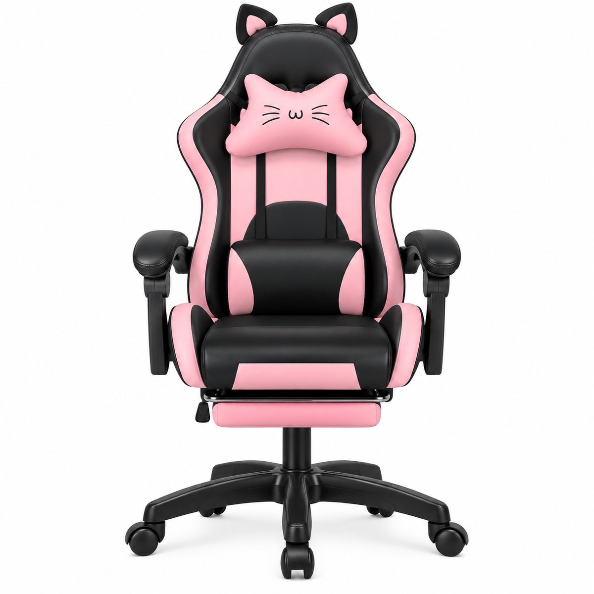 VILIMA - Bureaustoel - Gamestoel - Ergonomische ondersteuning - PU-leer - Schattige kattenstijl - Optimaal comfort - Incl. voetensteun - Roze en zwart