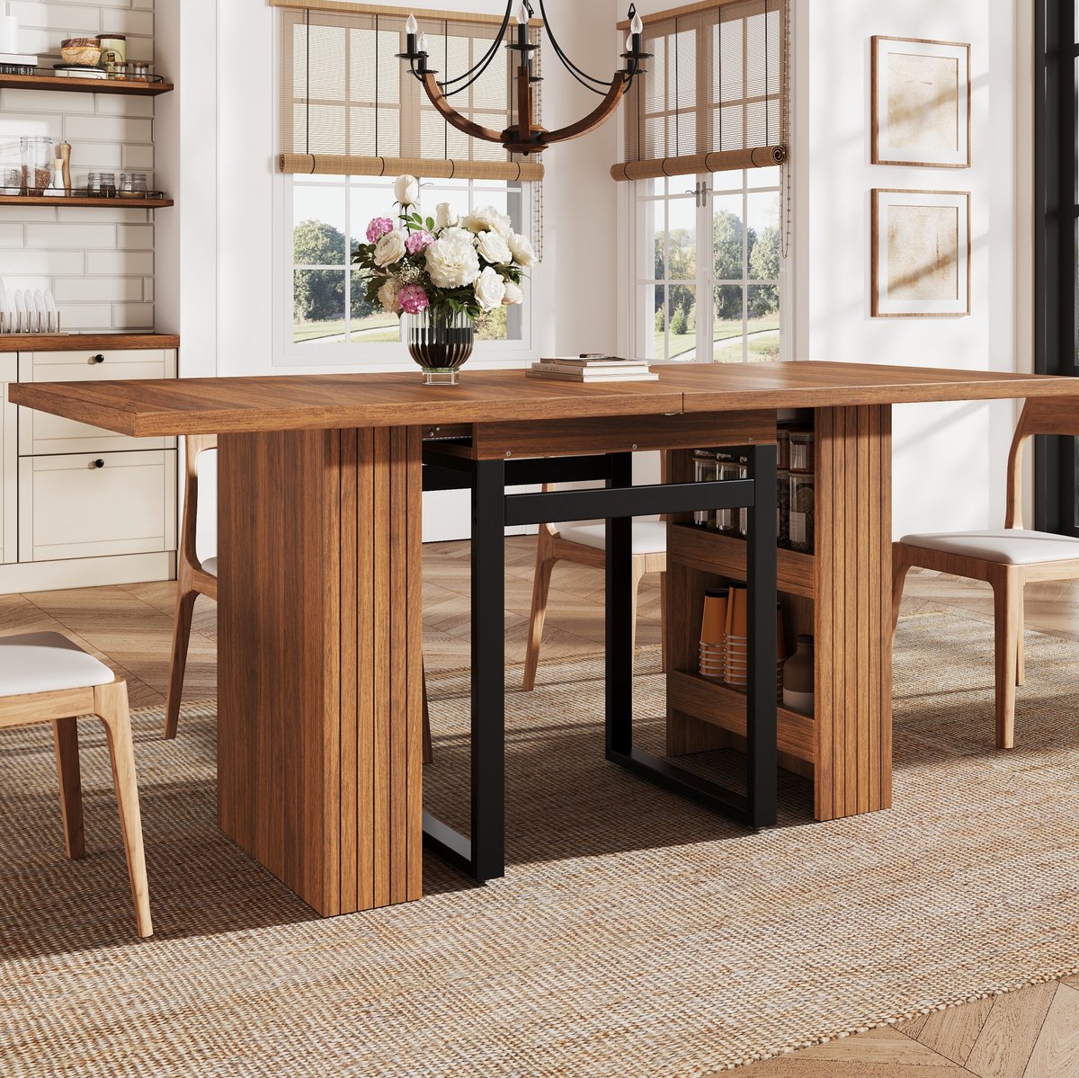 REDOM - Eettafel - Uitschuifbaar - Verborgen opbergvak - Drie-staps uitschuiffunctie - MDF en metaal - Modern - Eetkamer en werkplek - Donkerbruin - 120-160-200 x 80 x 78 cm