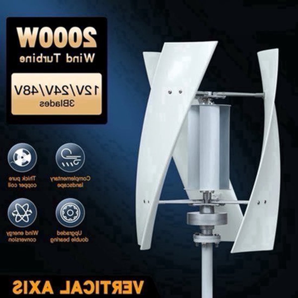 Verticale Windturbine – Horizontale Windmolen – Mini Windgenerator – Windkracht Turbine – 2000W Vermogen – 12V - Off-grid systeem 1