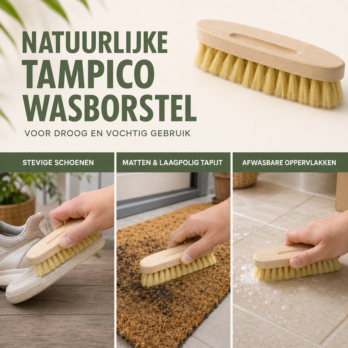 Mont Kiara Tampico Wasborstel Hout – Natuurlijke Schrobborstel – Voor Schoenen, Tegels, Voegen, Terras & Harde Oppervlakken – Droog en Vochtig Gebruik