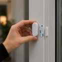 Hand die een wit deuralarm vasthoudt bij een raam, met dubbelzijdige tape.
