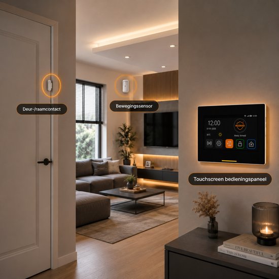 Een interieur met een Hozard touchscreen, deur/raam contact en bewegingssensor.