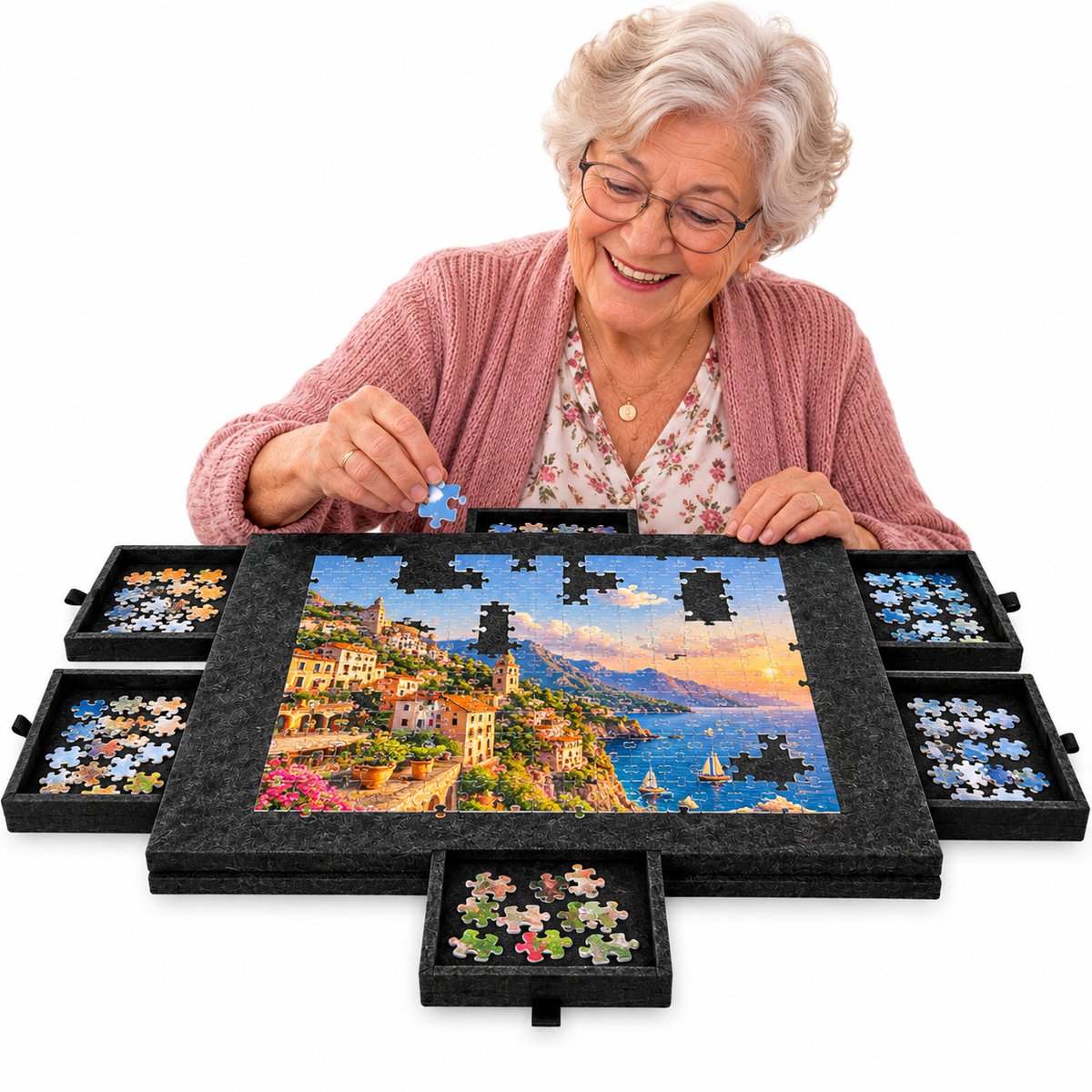 Currero Puzzeltafel Met Lades 1000 Stukjes - Puzzelbord - Puzzelmat - Opbergsysteem - Vilt - Met Deksel - Legpuzzel Accessoires - 1000 Pcs Zwart