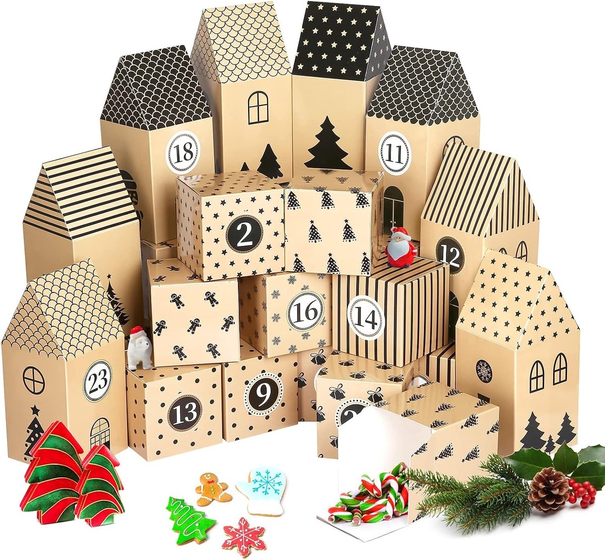 Adventskalender - Zwart-natuurbruin - 24 stuks - Kartonnen Geschenkdozen in Huis- en Vierkante Vorm - Voor Knutselen en Decoratie