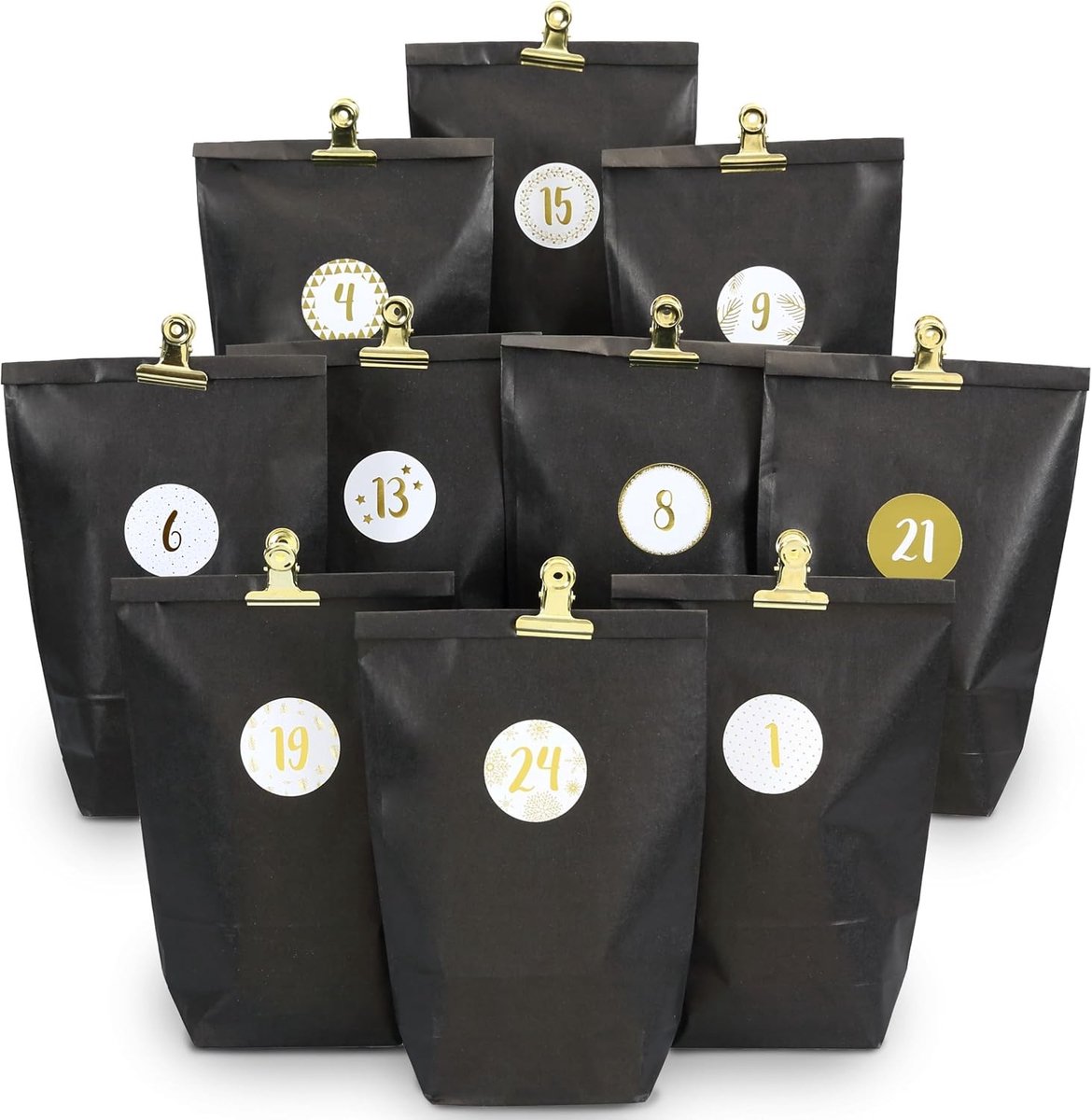 Adventskalender - Elegantie - 14 x 22 cm - Kraftpapier Zakjes met Stickers en Clips - Doe-Het-Zelf Kerstdecoratie