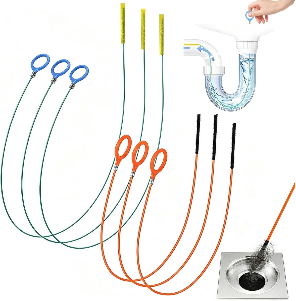 Afvoerreiniger flexibel - Oranje en groen - 81 cm en 130 cm - Flexibele stalen afvoerslangen met borstel - Voor huishoudelijk gebruik