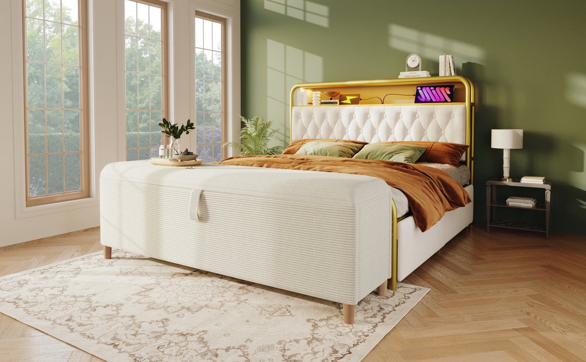 MODFU - Bedbank - Opbergruimte - Beige Corduroy - Slaapkamer - 175 x 38 x 46 cm