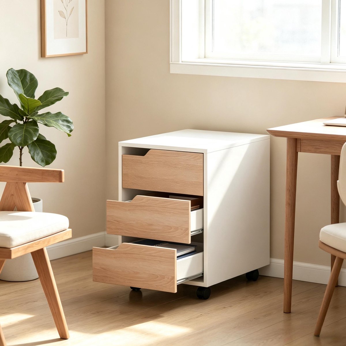 REDOM - Ladeblok - 3 lades - Mobiele opbergkast - 4 wielen waarvan 2 met rem - MDF en metaal - Wit en eiken - Kantoor - 40 x 50 x 57,5 cm