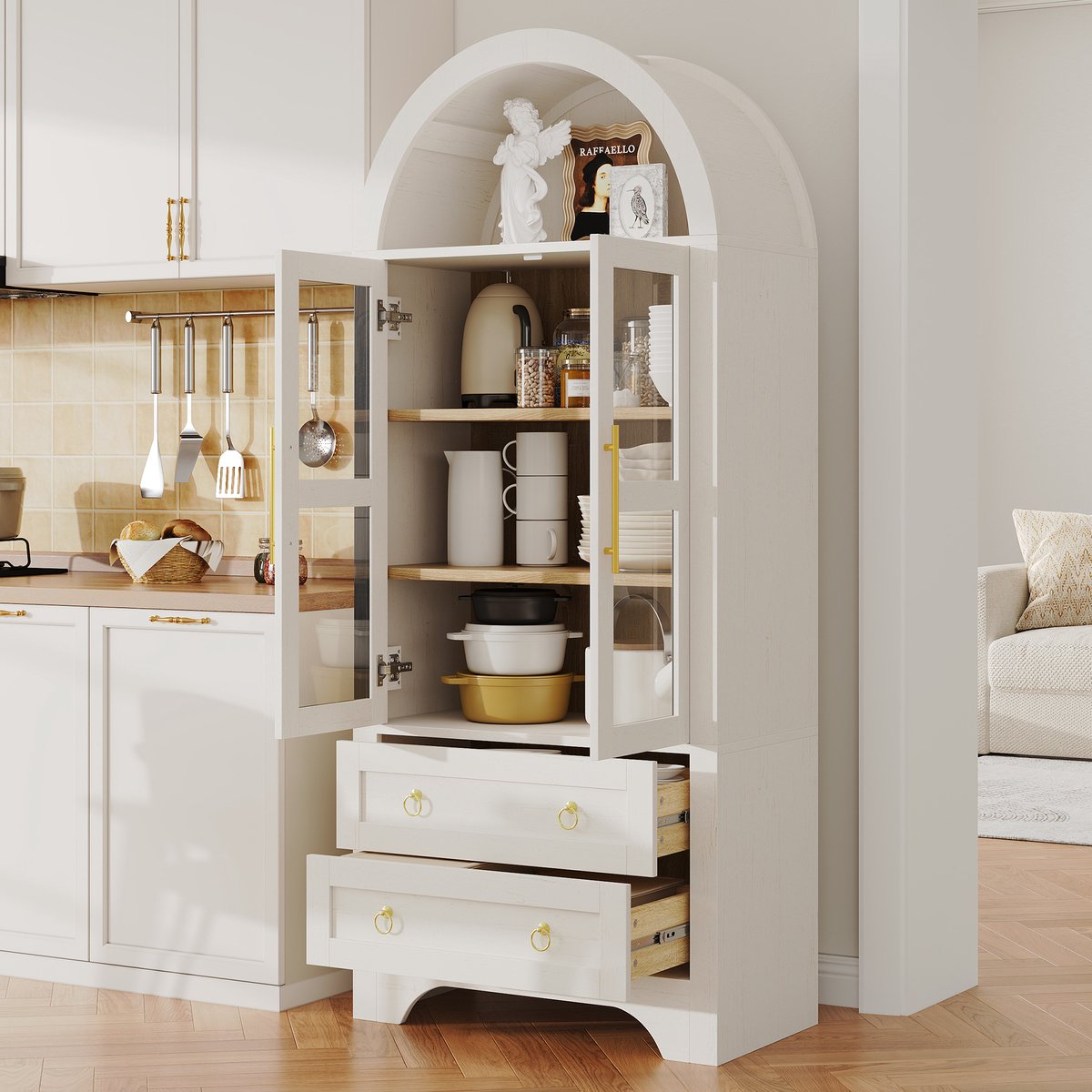 REDOM - Highboard - Buffetkast met glasdeuren - Verstelbare planken en laden - Scandinavische stijl - Eetkamer - MDF en spaanplaat - Wit - 76,2 x 40,1 x 180 cm