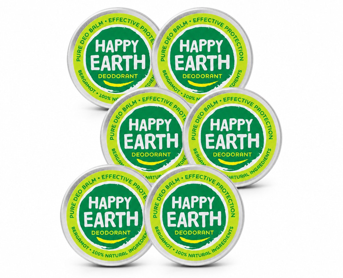 6 x Happy Earth – Deodorant Balm – 100% Natuurlijk Bergamot – 45 g - Voordeelverpakking - 6 stuks