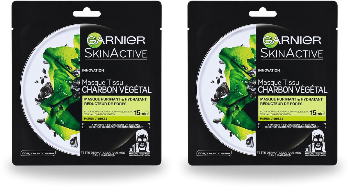 2 x Garnier - SkinActive - Tissue Masker - Charcoal - 1 Gezichtsmasker - Bulkverpakking - 2 stuks