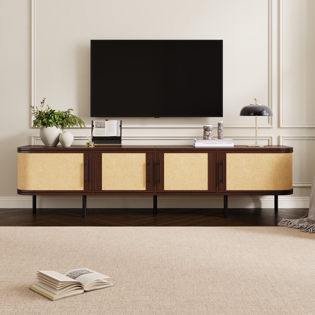 REDOM - TV-meubel - 4 deuren - Vlechtfront - MDF-korpus - IJzeren poten - Moderne stijl - Woonkamer - Walnoot - 180 x 40 x 45 cm