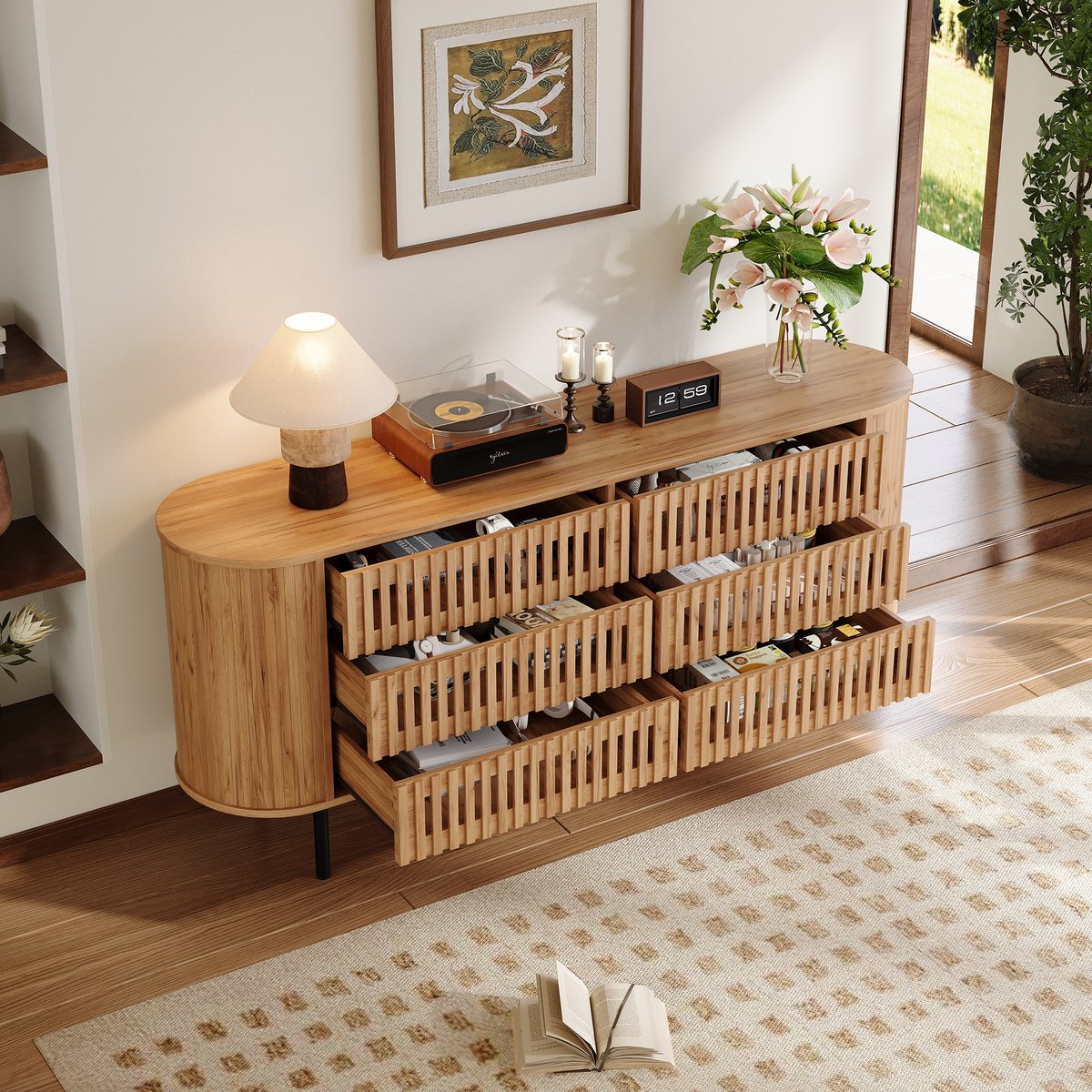 REDOM - Dressoir - 6 laden - Hol lamellendesign - Metalen geleiders en poten - Scandinavische stijl - Woonkamer en hal - MDF - Natuurhoutkleur - 160 x 40 x 70 cm