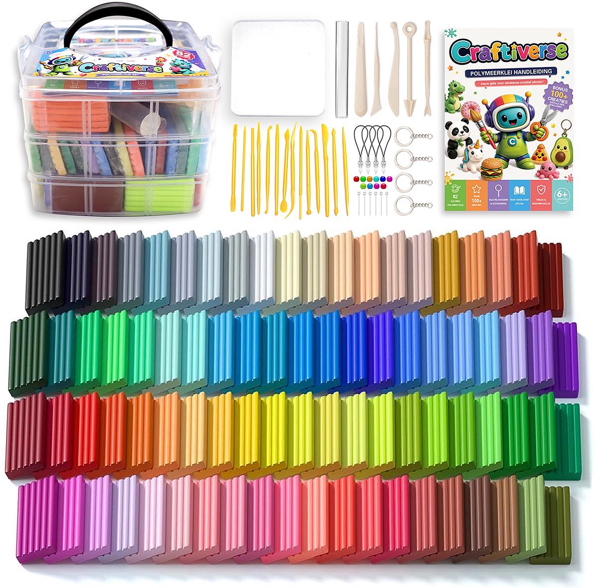 Craftiverse Polymeer Klei Set – 82 Kleuren – Complete Knutselset voor Kinderen – Boetseerklei met Accessoires & Handleiding