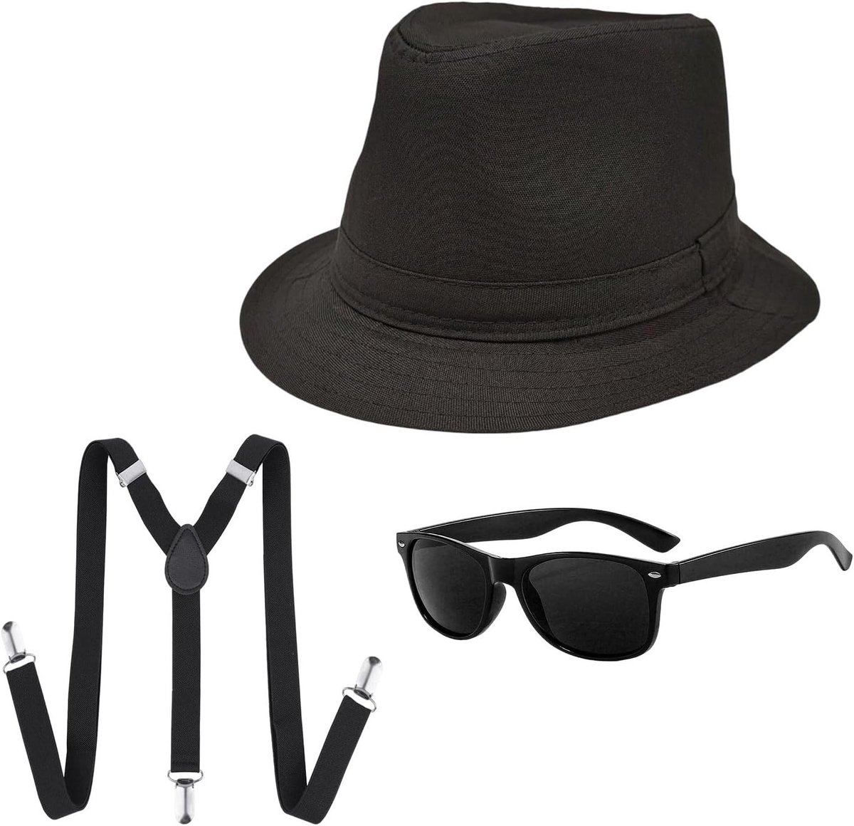 3-delig Gangster Kostuum Set voor Volwassenen - 1920s Fedora Hoed, Braces en Zonnebril voor Mafia Gatsby Themafeest, Verkleedkleding en Filmaccessoires