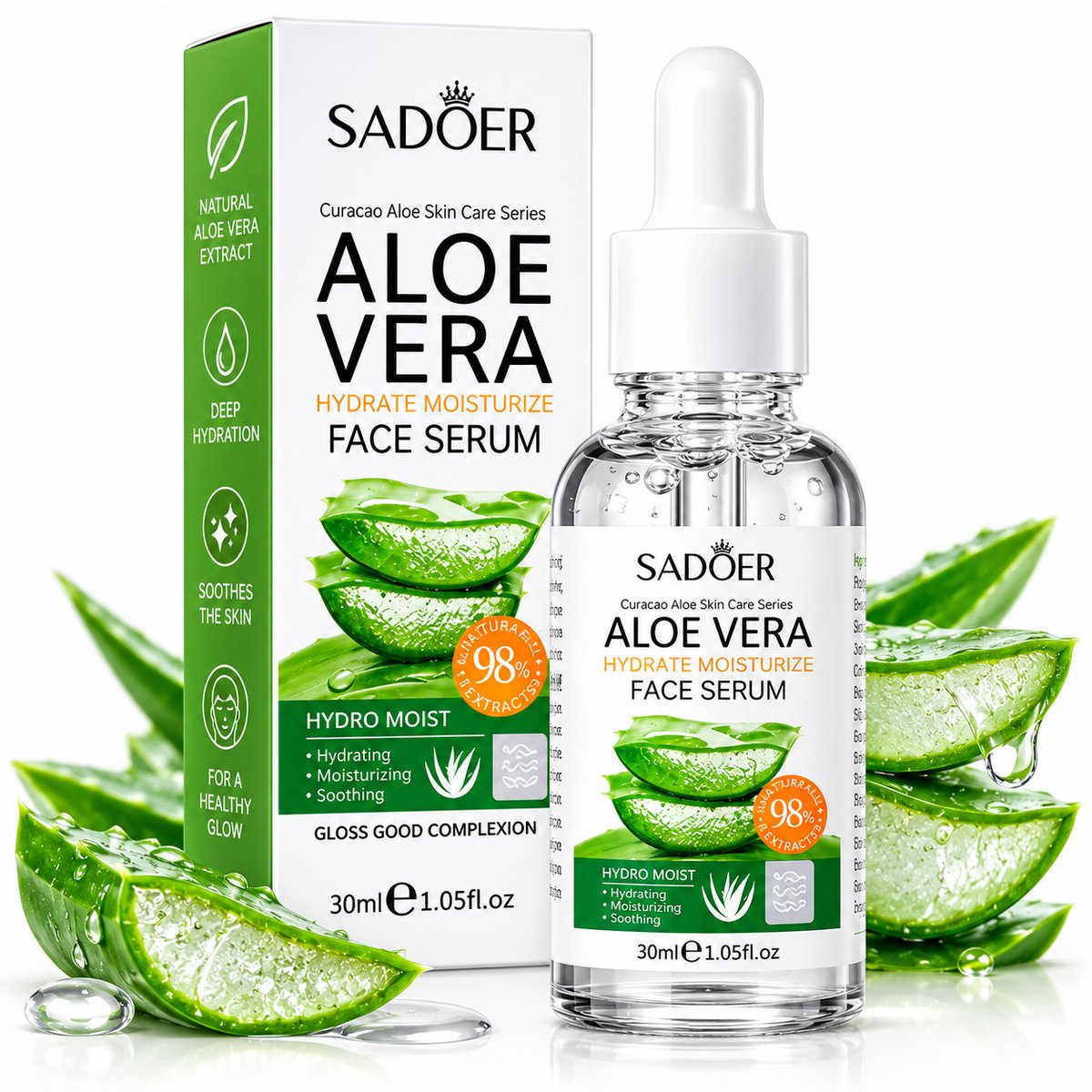 SADOER Aloe Vera Gezichtsserum | Hydraterend Serum | Aloe Vera Serum | Gezicht Serum | Hydrate Moisturize | Hydraterende Gezichtsverzorging | Serum voor Droge Huid | Skincare | Face | 30MLSerum | Druppelflacon
