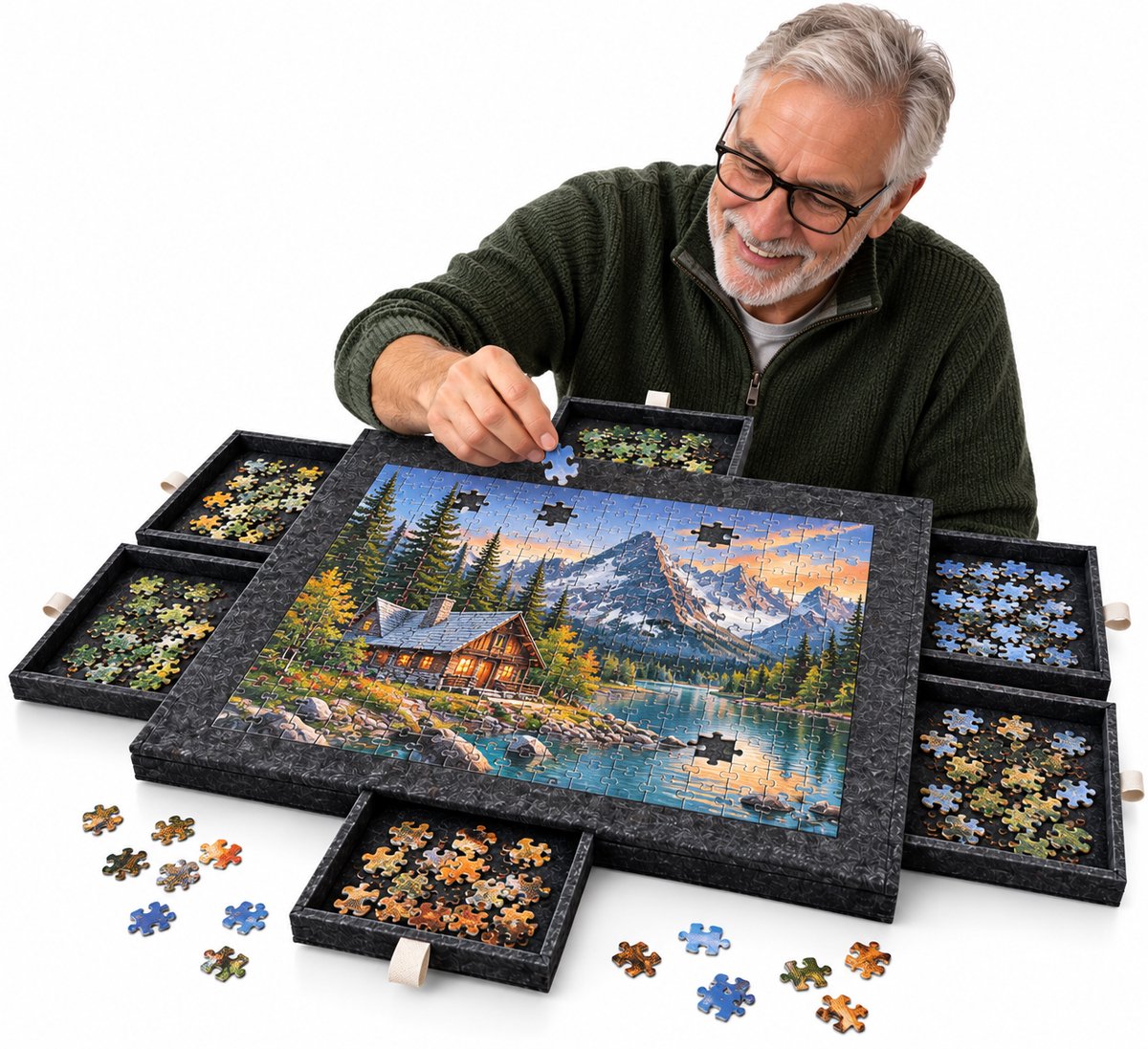 Currero Puzzeltafel Met Lades 1000 Stukjes - Puzzelbord - Puzzelmat - Opbergsysteem - Vilt - Met Deksel - Legpuzzel Accessoires - 1000 Pcs Zwart